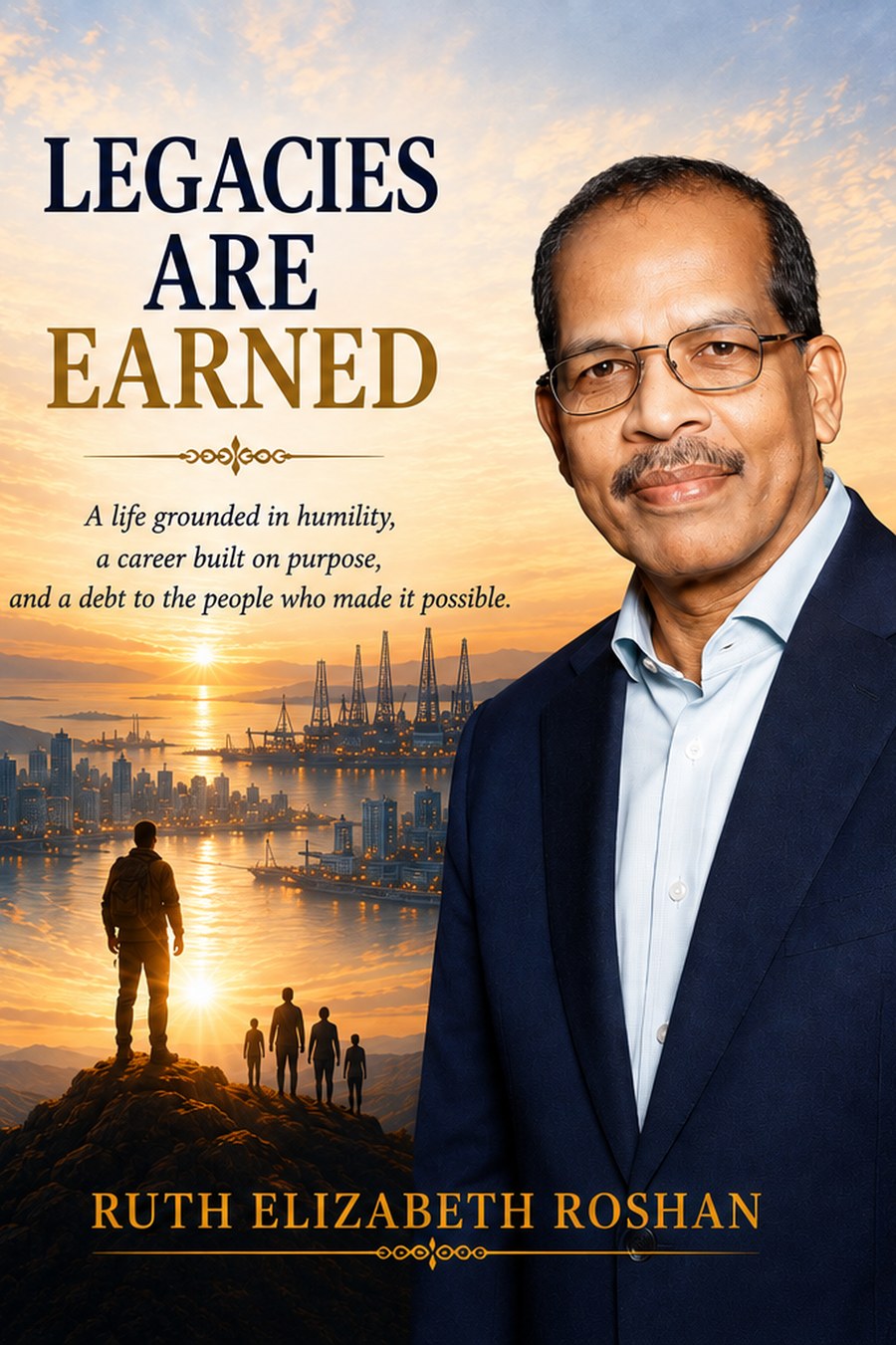 Front cover of Legacies Are Earned, showing Antony Marian DSouza against a harbour at sunset